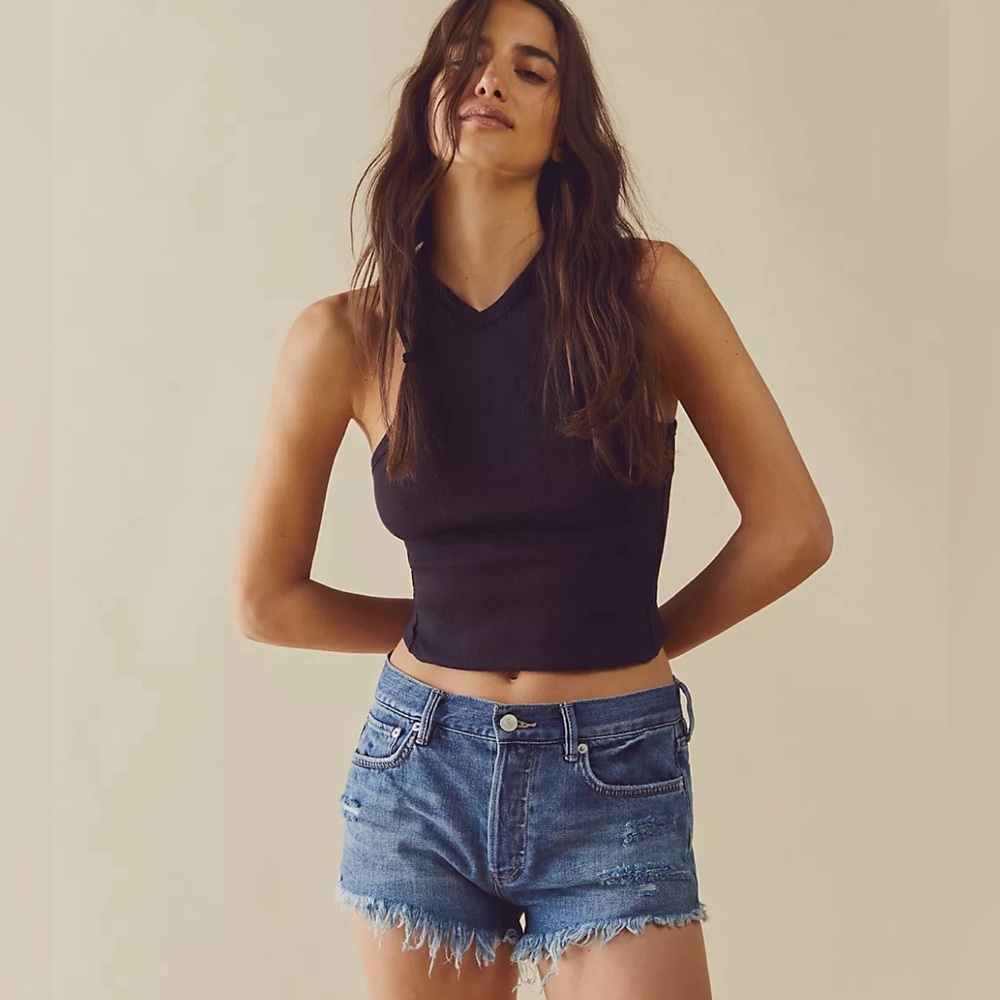 Super cute Free People We The Free Loving Good Vibrations Cutoffs in mid indigo! - Picture 1 of 9
